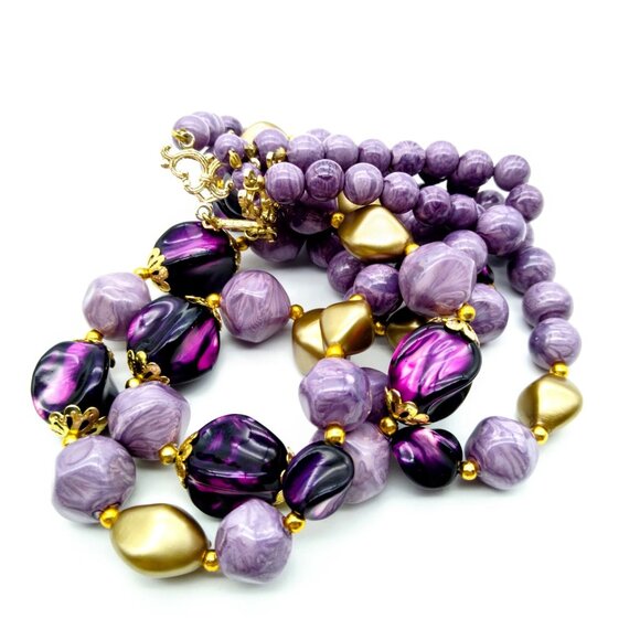 Shades of Purple Beaded Necklace, Retro Graduated Double Strand with Lucite Bead - Picture 3 of 3